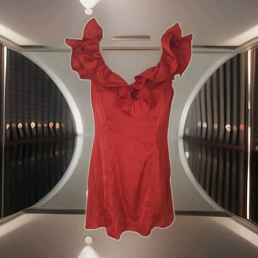 Red Satin Mini Dress 4 Ruffled Lo Back Tie Lined Padded Homecoming Party NWT - Picture 9 of 9